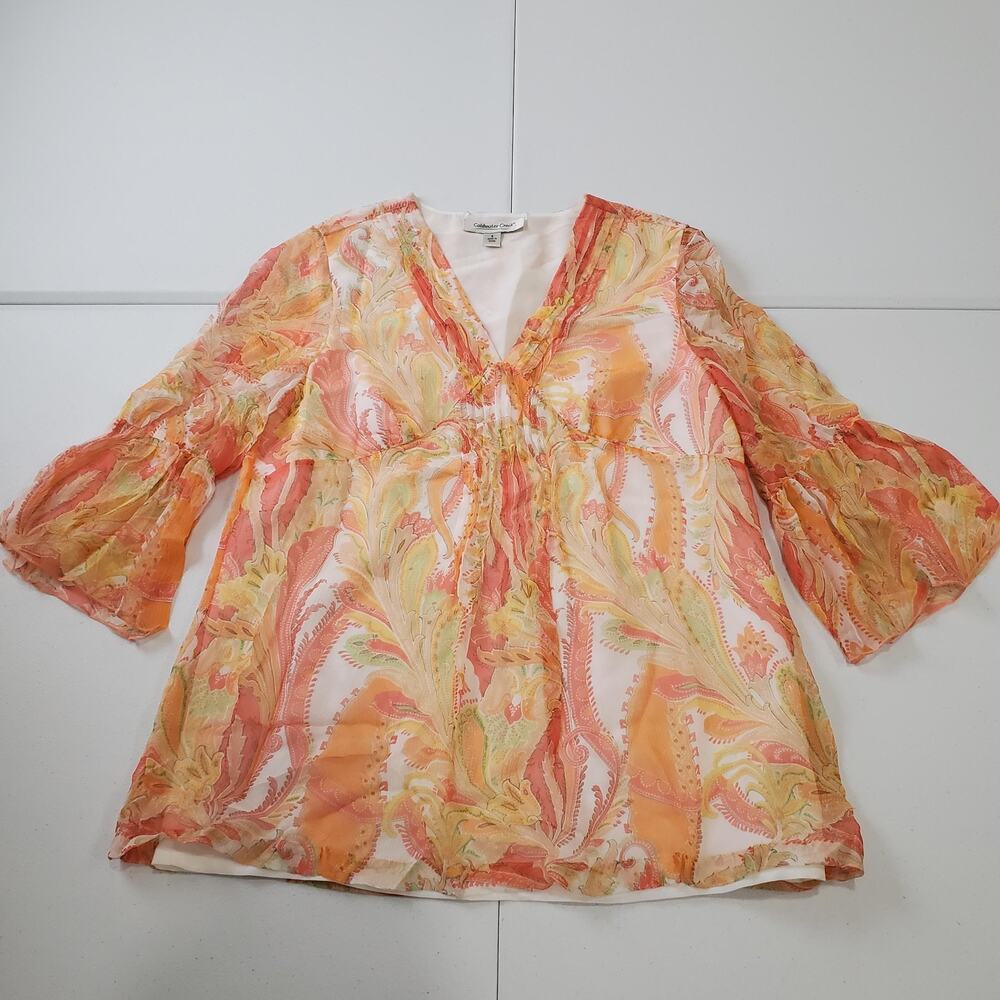 Y2K Babydoll Coldwater Creek Shirt Womens Small Orange Paisley Silk Sheer Top